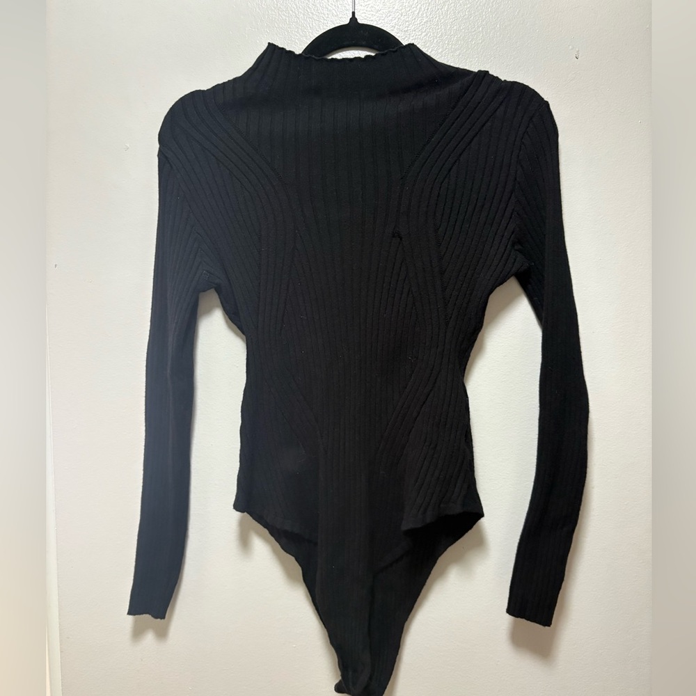 Lulus Black Ribbed Long Sleeve Bodysuit